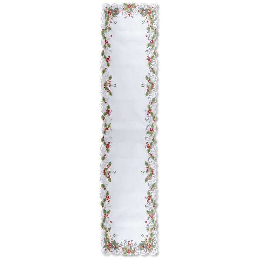 An image of K & K Embroidered Cutout Holly with Berries Table Runner