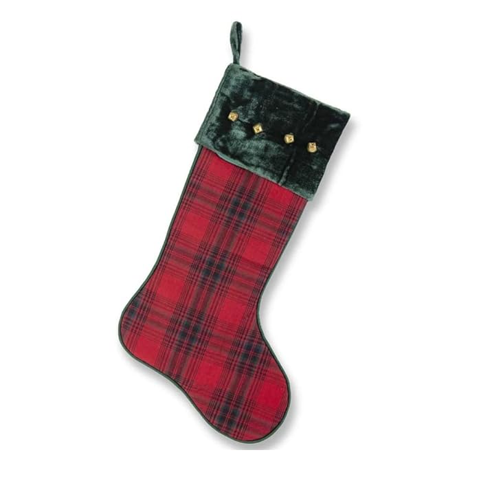 An image of K & K Green & Red Tartan Plaid with Gold Bells Stocking