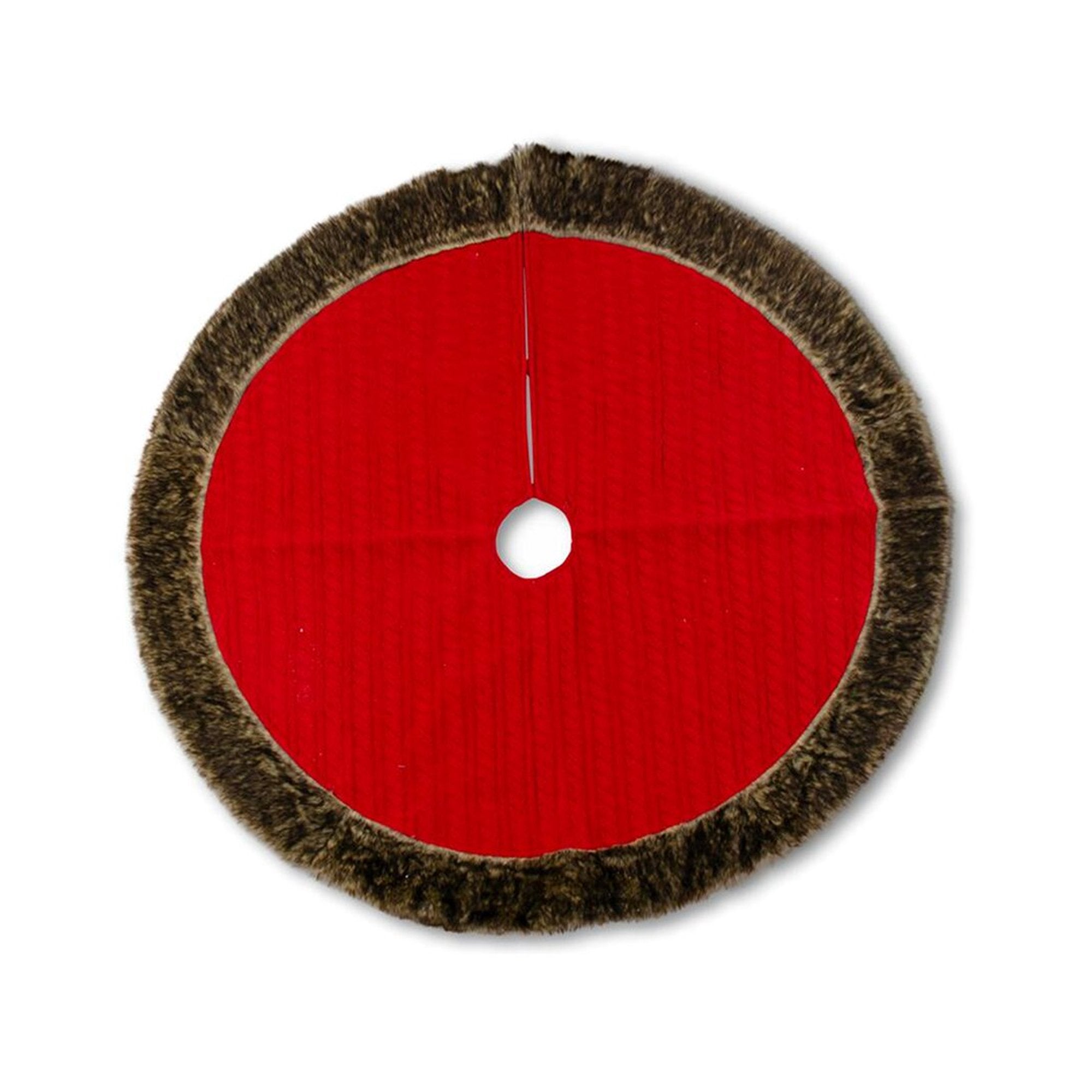 K & K Red Cable Knit Tree Skirt with Brown Fur Trim