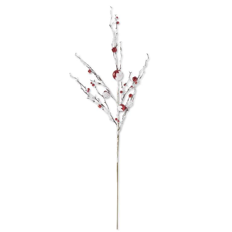 An image of K & K Red Ornaments & Bells Glittered Flocked White Branch