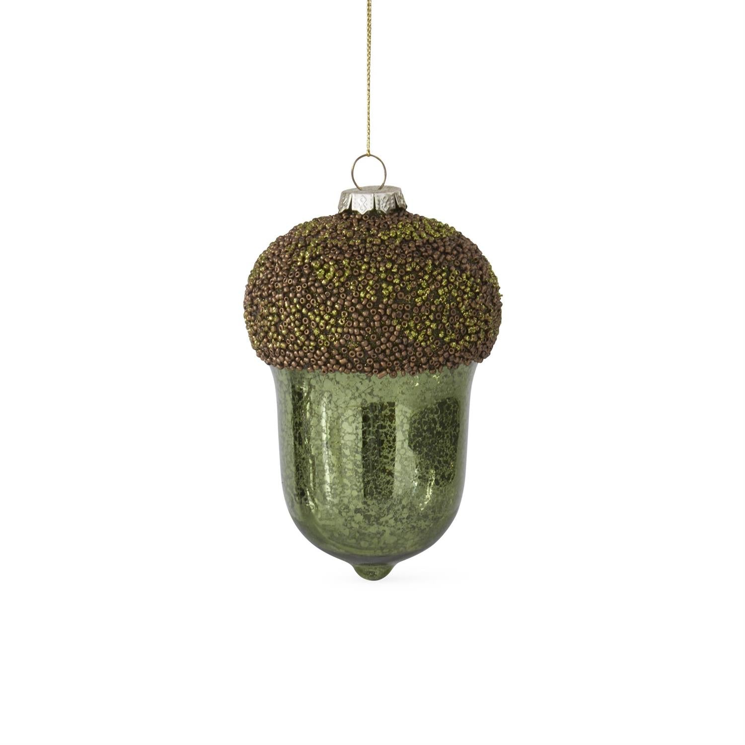 An image of K & K Mercury Glass Acorn Ornament with Glittered Beaded Top
