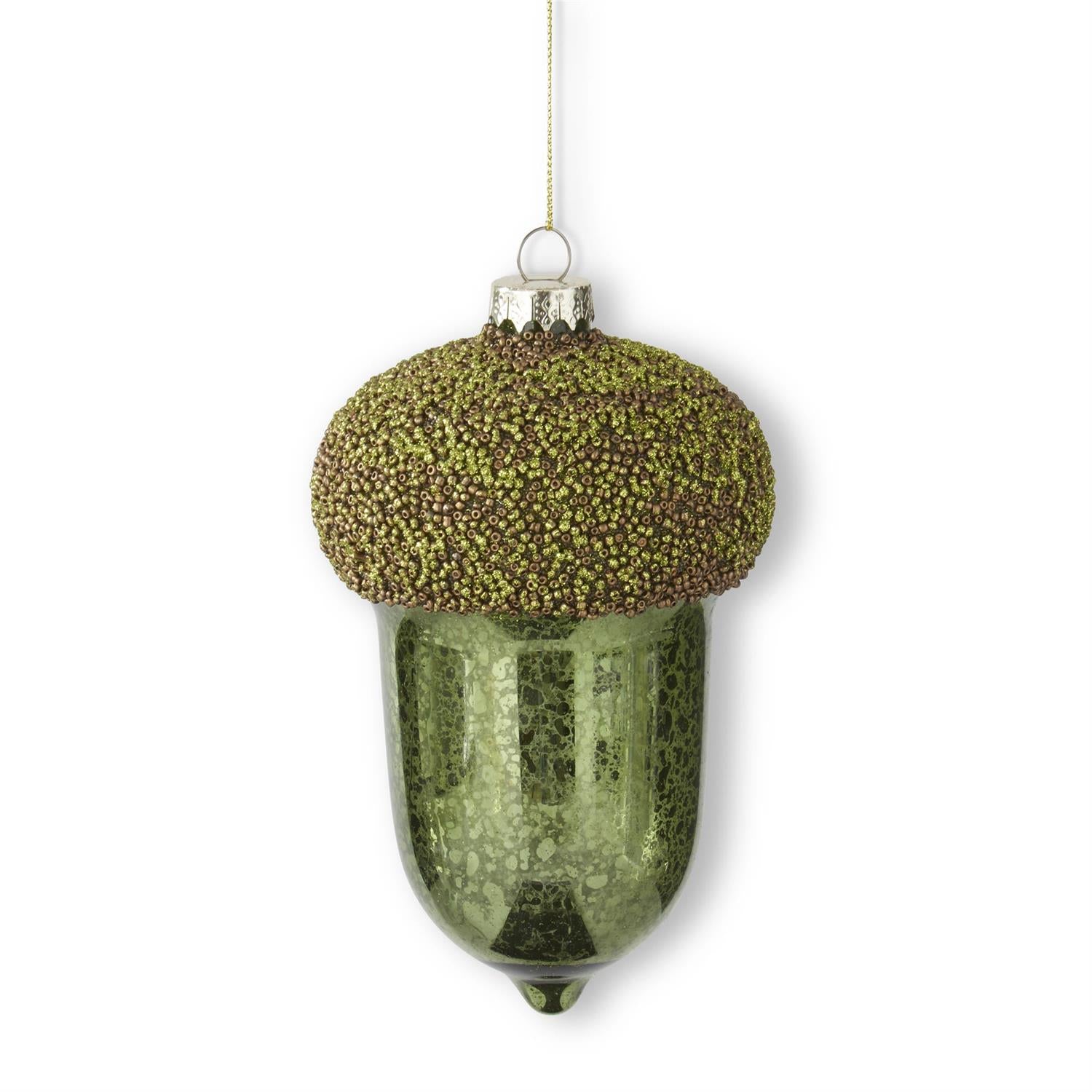 An image of K & K Mercury Glass Acorn Ornament with Glittered Beaded Top