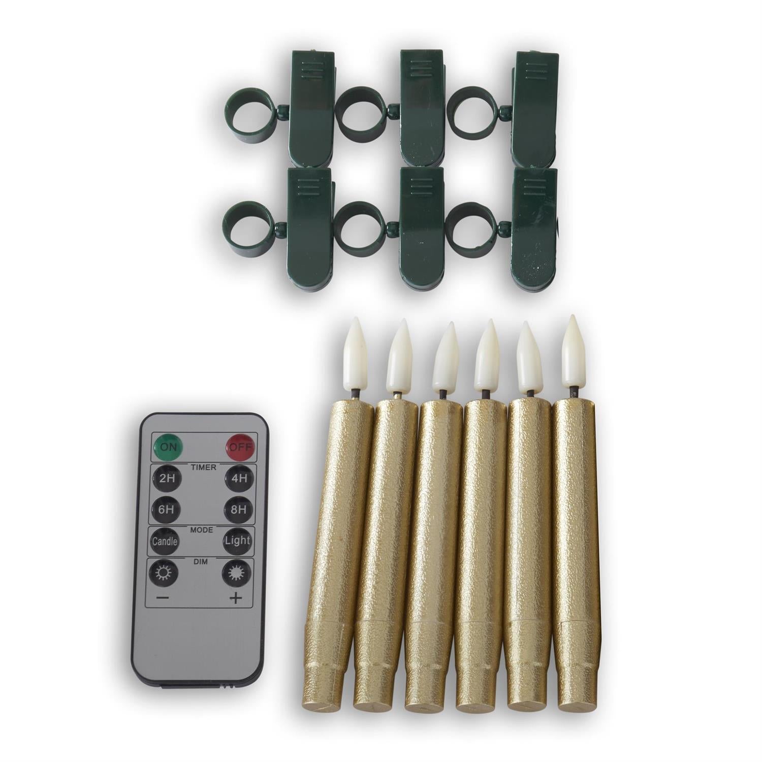 An image of K & K Gold Glittered LED Tree Clip Candles with Timer & Remote - Set of 6