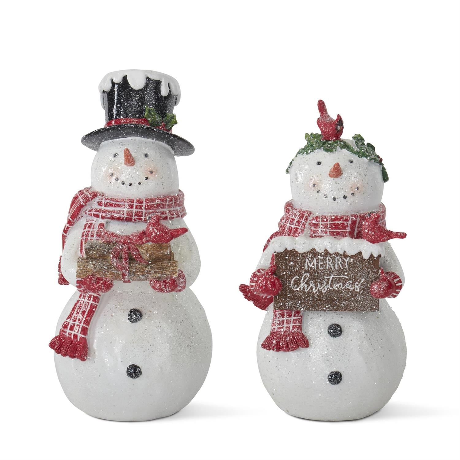 K&K Glittered White Resin Snowmen - Set of 2