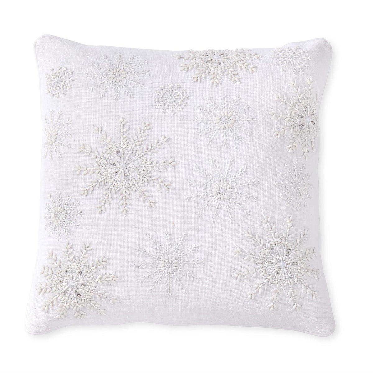 K&K 18" Square Pillow White Linen Beaded Snowflake