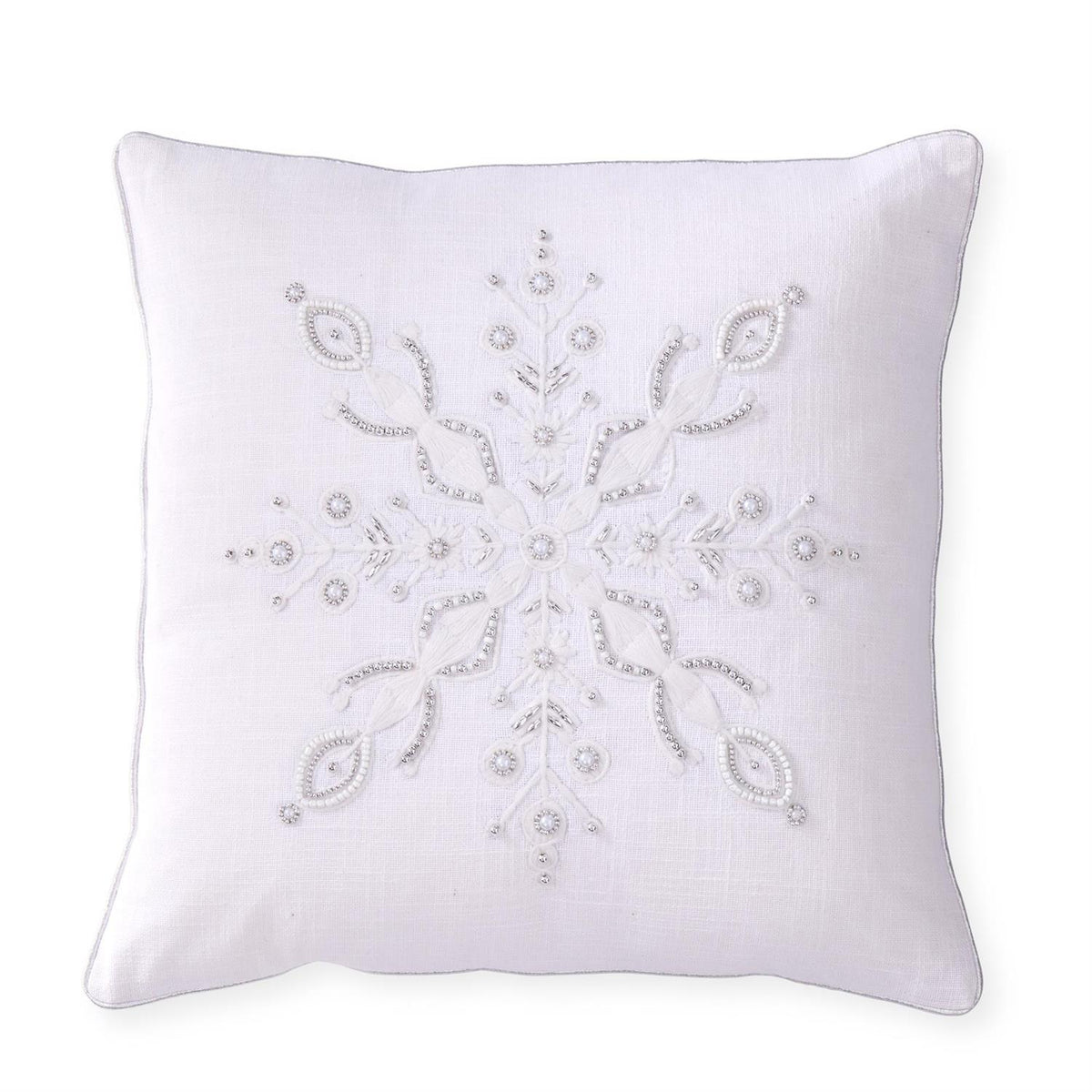 K&K 18" White Cotton Pillow w Silver Piping & Beading