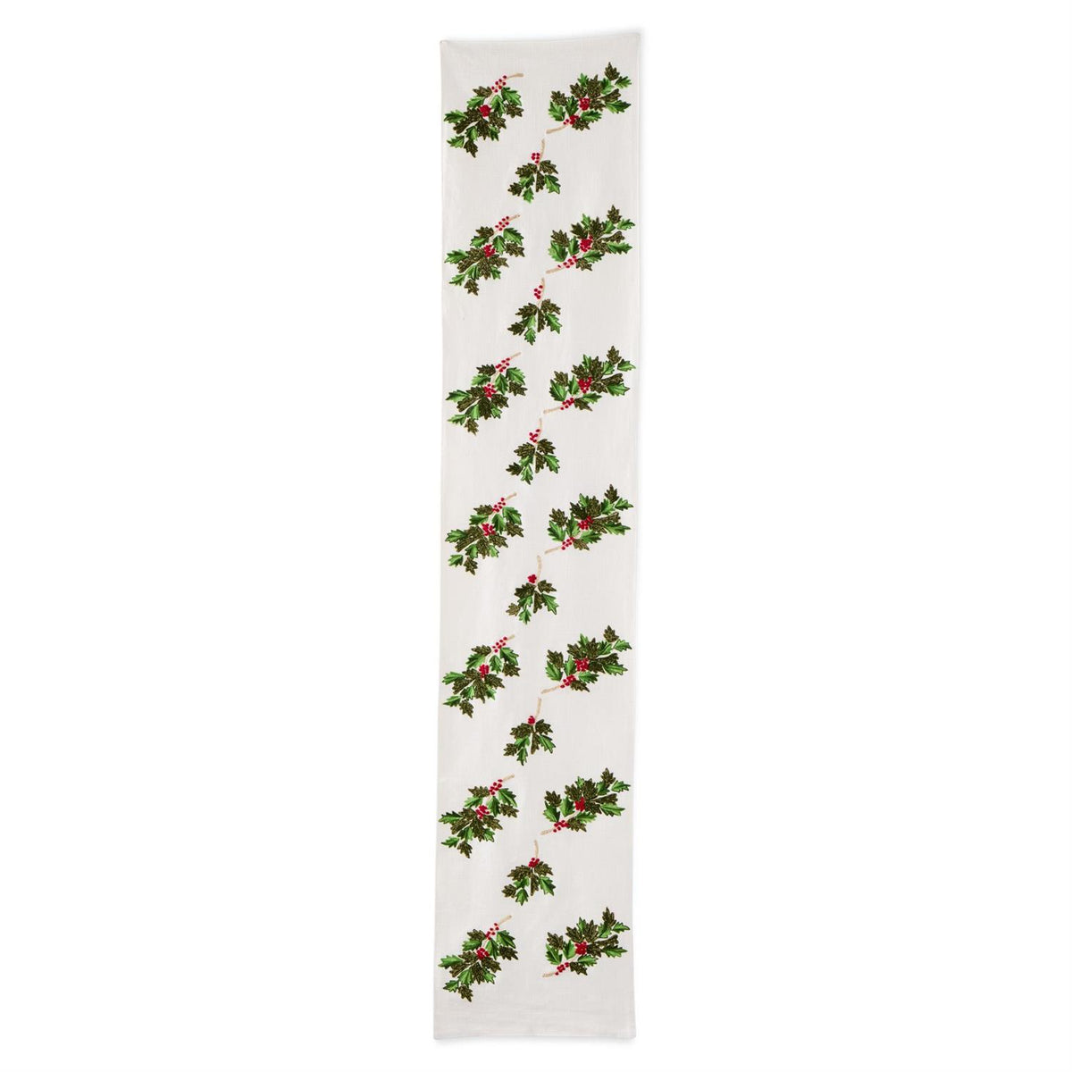 K&K 72" Cream Table Runner w Holly Leaves and Berries