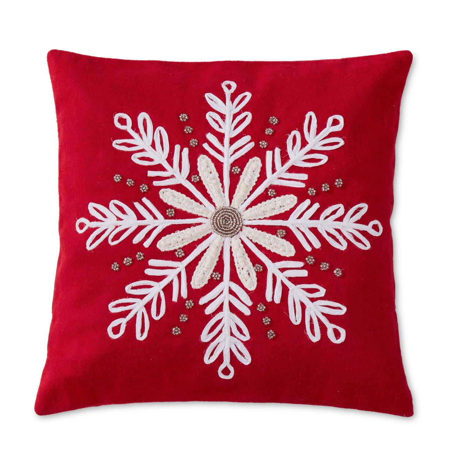 K&K 20" Square Pillow Red Wool with White Beaded Snowflake