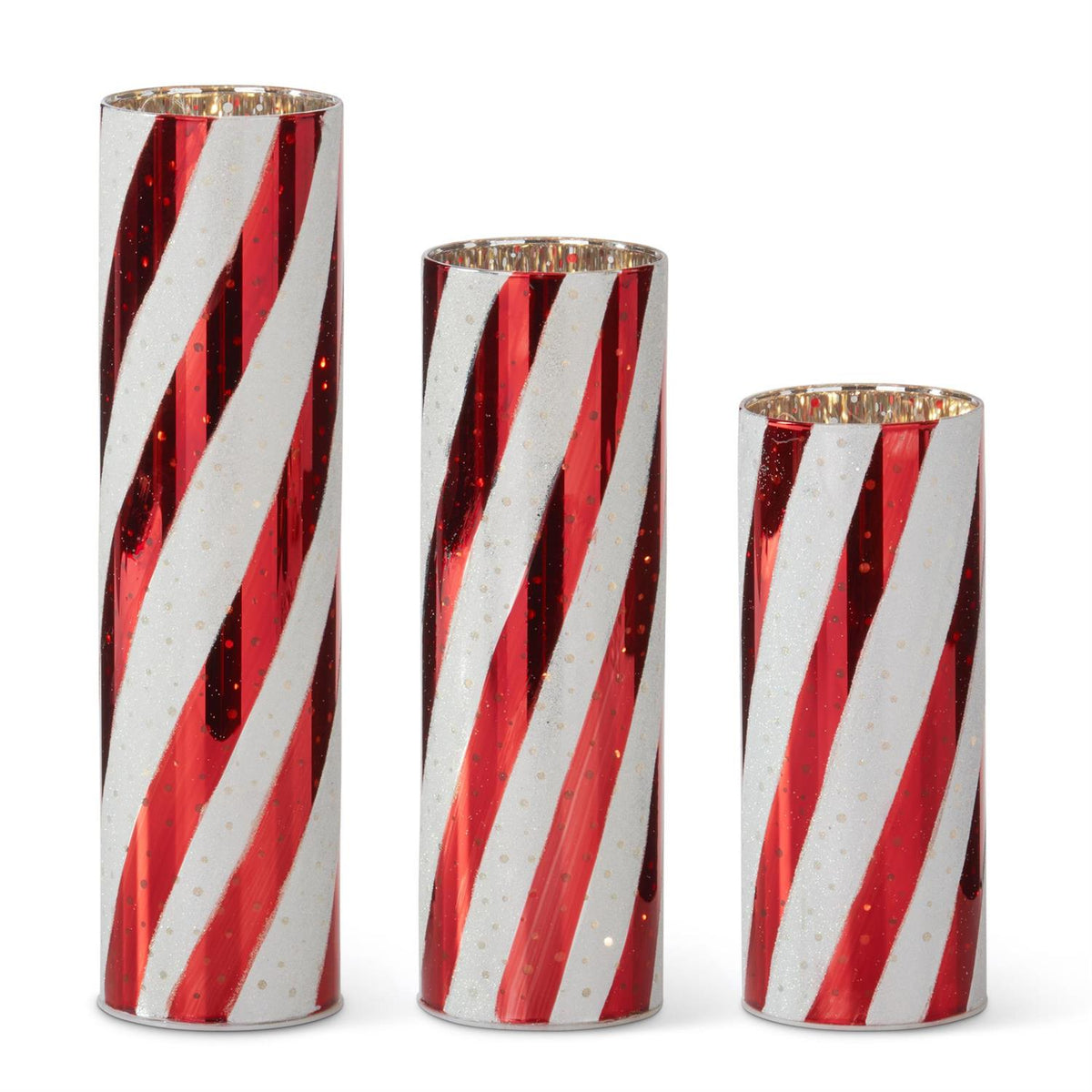 K&K Interiors Red & White Swirl Striped LED Cylinder Lanterns - Set of 3