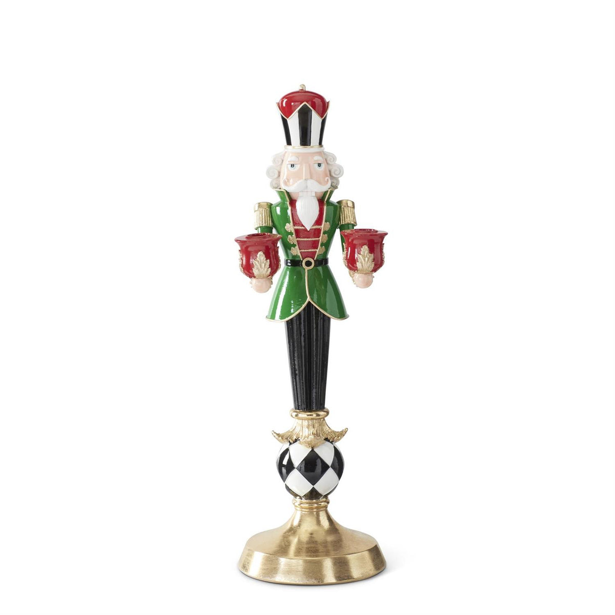 K&K Interiors 20.5" Red, Black, White & Green Resin Harlequin Nutcracker Candlestick