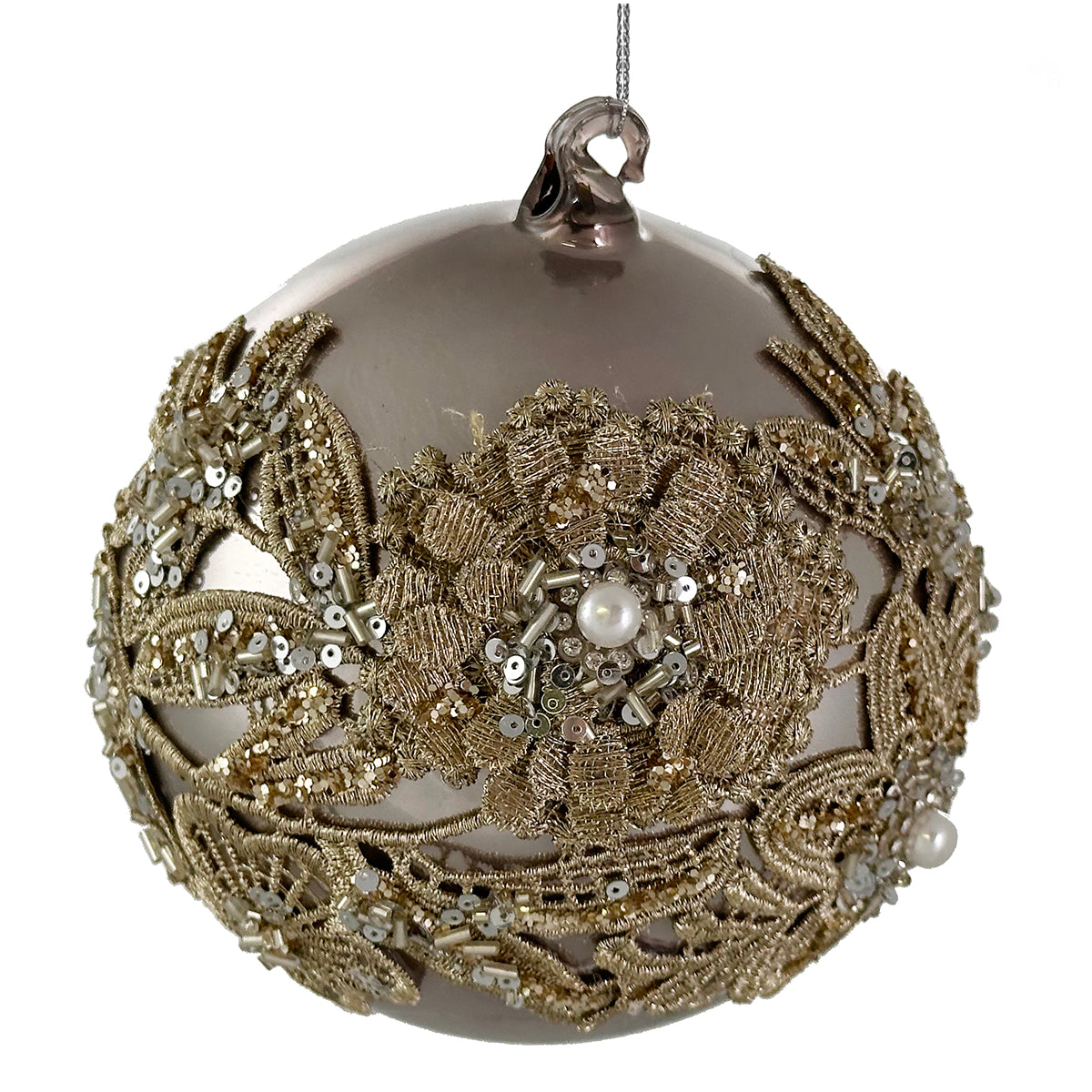 Shishi Silver Ball with Crocheted Flowers & Pearl Ornament