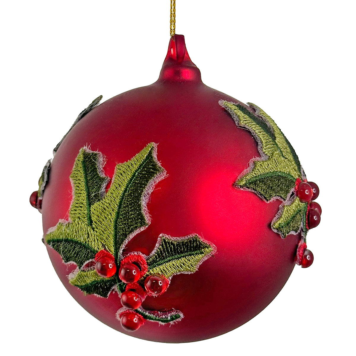 An image of Shishi Glass Red with Green Holly Ball Ornament