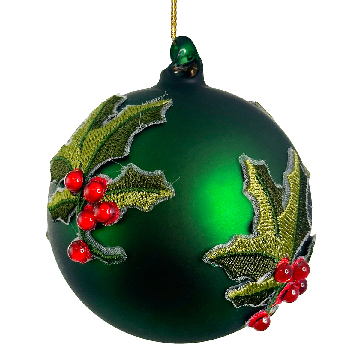 An image of Shishi Glass Red with Green Holly Ball Ornament