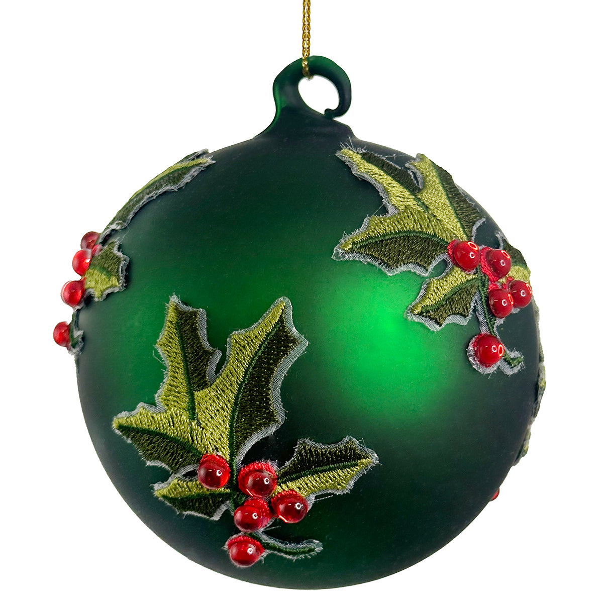 An image of Shishi Glass Red with Green Holly Ball Ornament