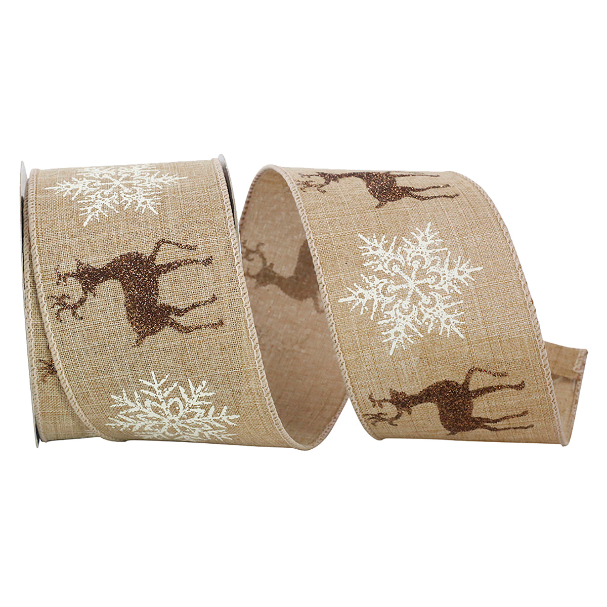 An image of Reliant Ribbon Reindeer Linen Flake Wired Edge - 2.5 in, 10 yd