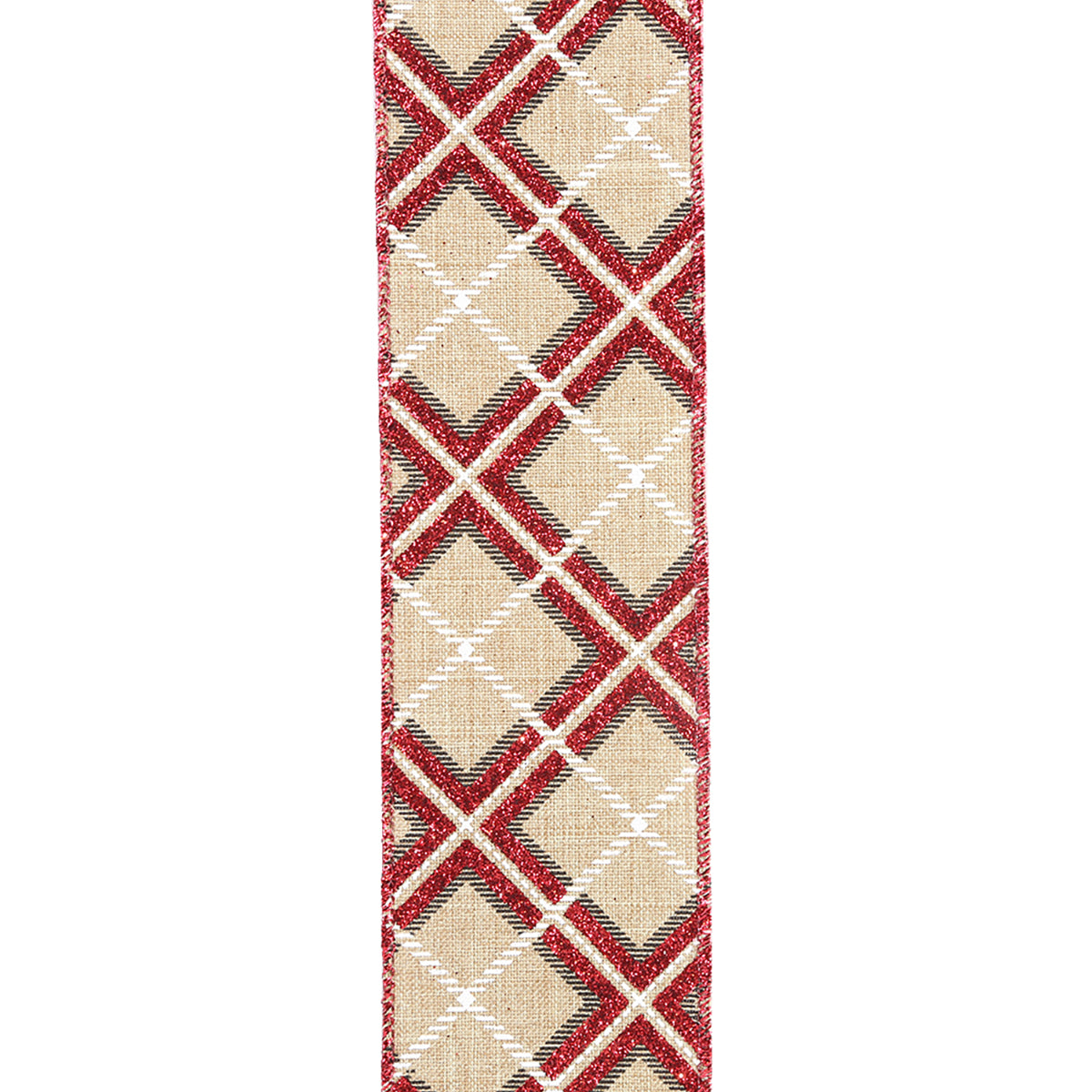 Reliant Ribbon Plaid Diagonal Mixed Glitter Linen Print Wired Edge, Natural/red, 2-1/2 Inch, 10 Yards