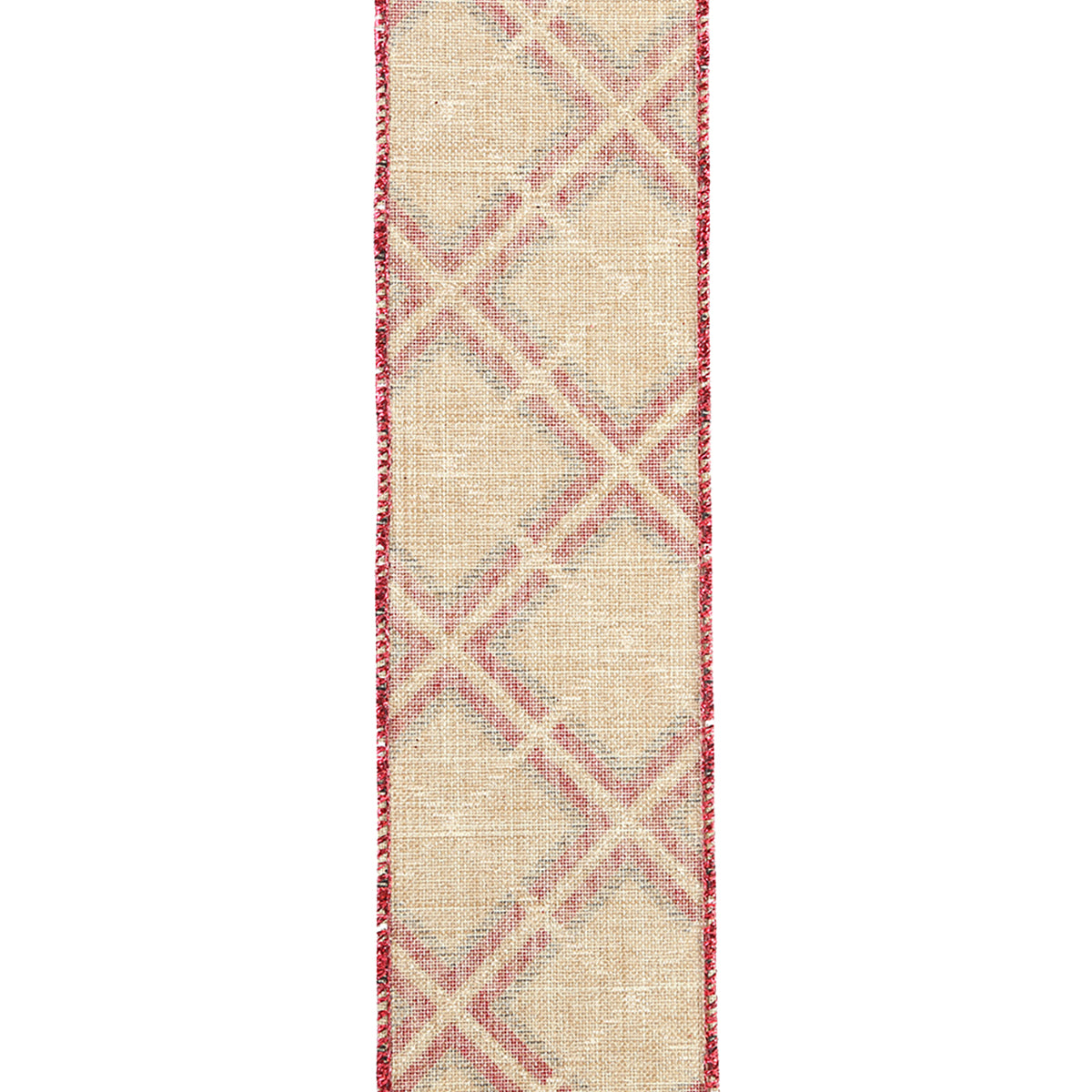 An image of Reliant Ribbon Plaid Diagonal Mixed Glitter Linen Print Wired Edge, Natural/red, 2-1/2 Inch, 10 Yards