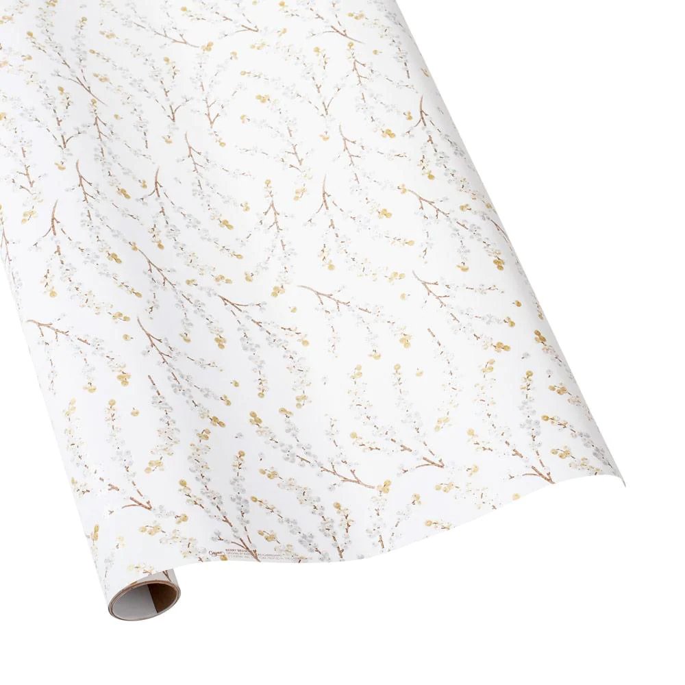 Caspari Berry Branches White & Silver Roll Wrap - 8 ft