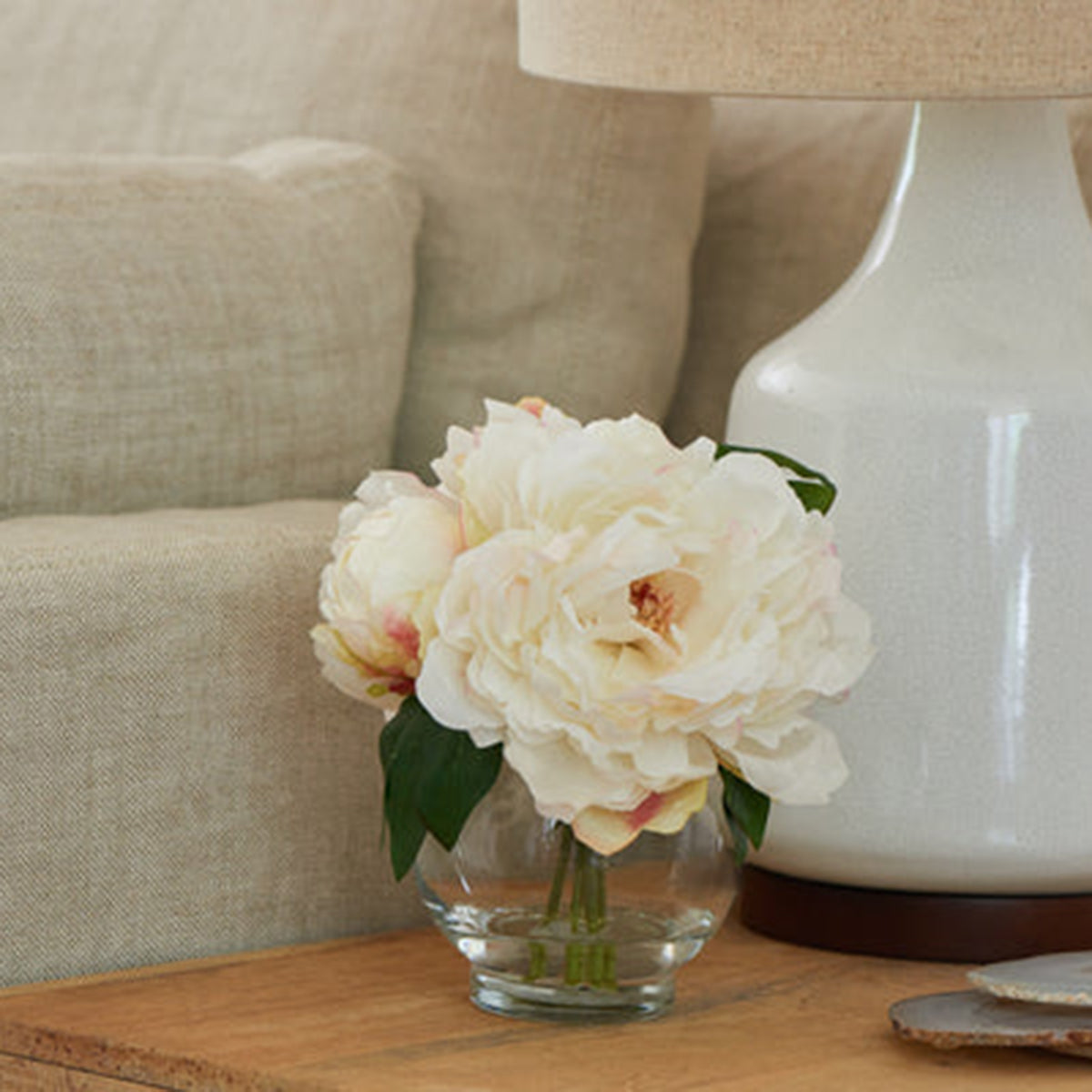 An image of Diane James Blooms Cream Peony Bouquet in glass bowl  - 9"d x 8"h
