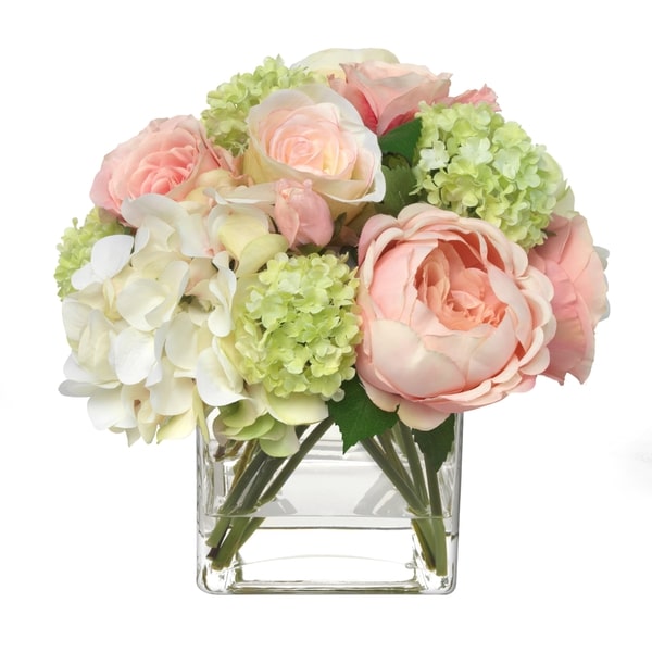 An image of Diane James Blooms Pale Pink Hydrangea and rose bouquet in glass cube 10"d x 10"h