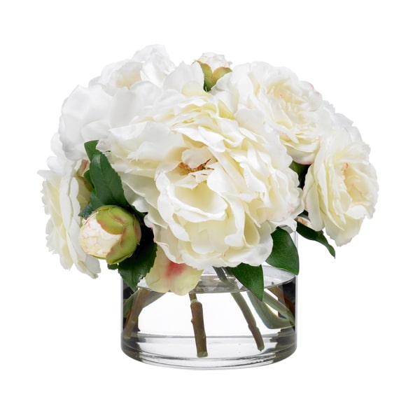 Diane James Camelia and peony bouquet in glass cylinder - 9"d x 9"h