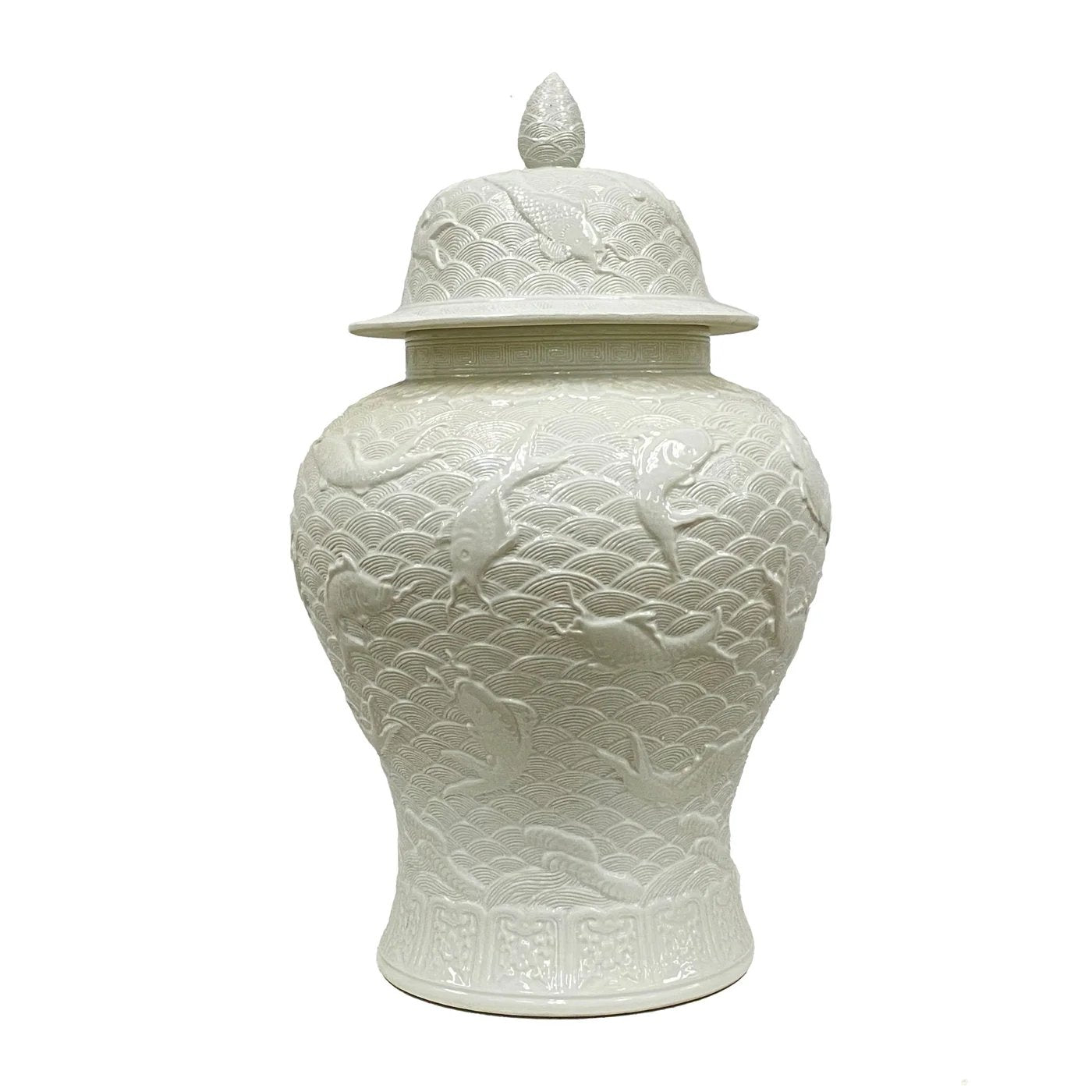 Winward Koi Relief Pot with Lid - White
