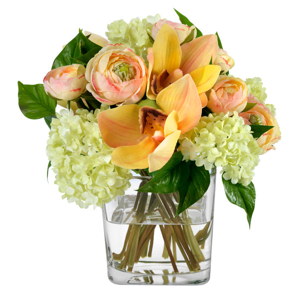 An image of Diane James Cymbidium orchids and snowballs in glass cube - 9"d x 8.5" h
