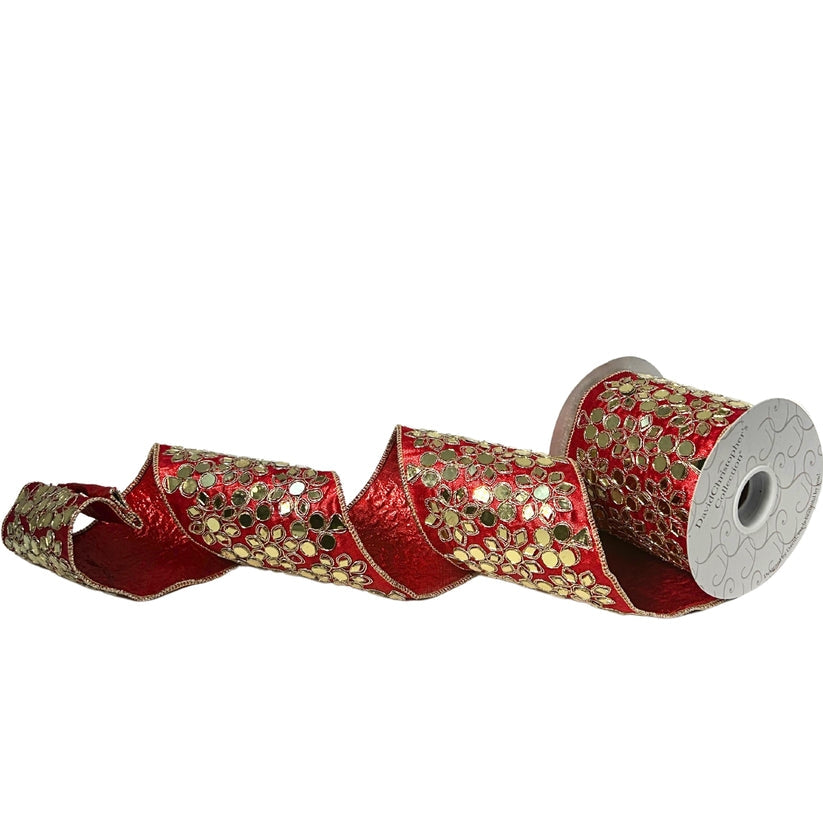 An image of David Christopher Metallic Red Faux Satin with Gold Mirror Pattern Ribbon