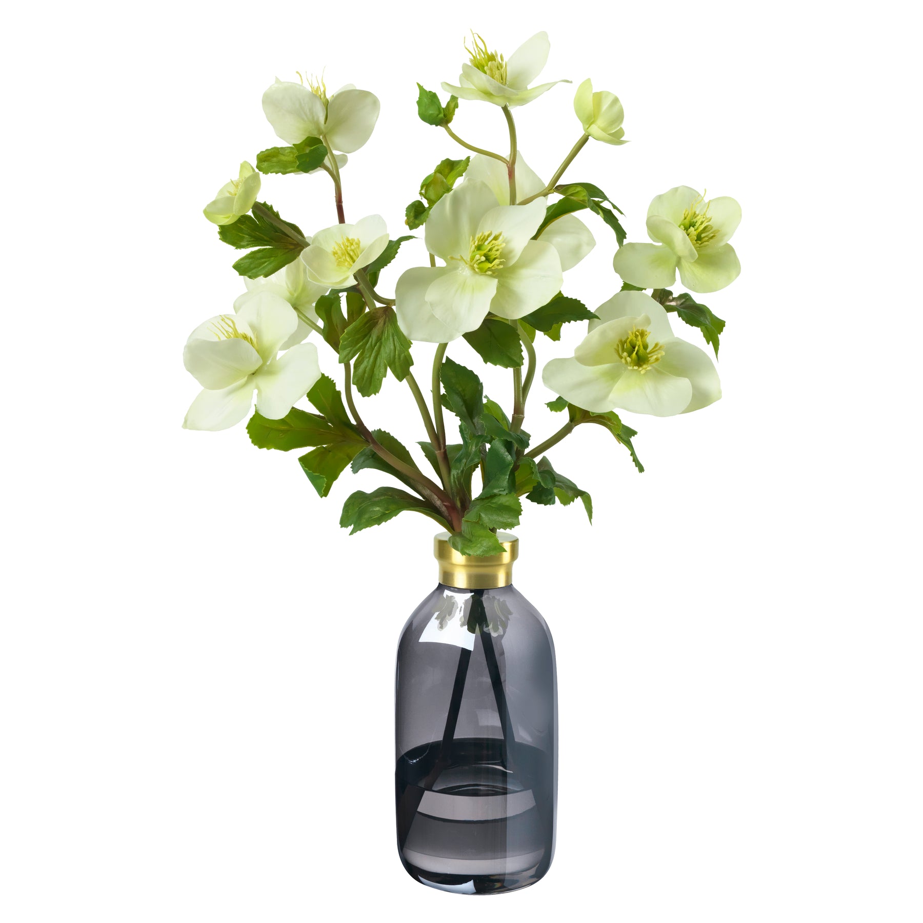 An image of Diane James White Hellebores in Bud Vase, Grey with Gold