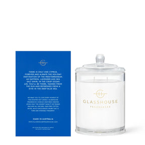 Glasshouse Fragrances Diving in Cyprus Soy Candle There is only one cyprus, forever and always the holiday destination of the mediterranean. As saffron, lavender and sea salt swirl in the crisp ocean air, you'll be there, tanned from the sun and refreshed from the sun and refreshed from a dive in the deep blue sea. We want you to love every moment of this scented soy candle. Glasshouse fragrances candles have been created using only the highest quality soy blend wax and all natural led-free cotton wicks, wh