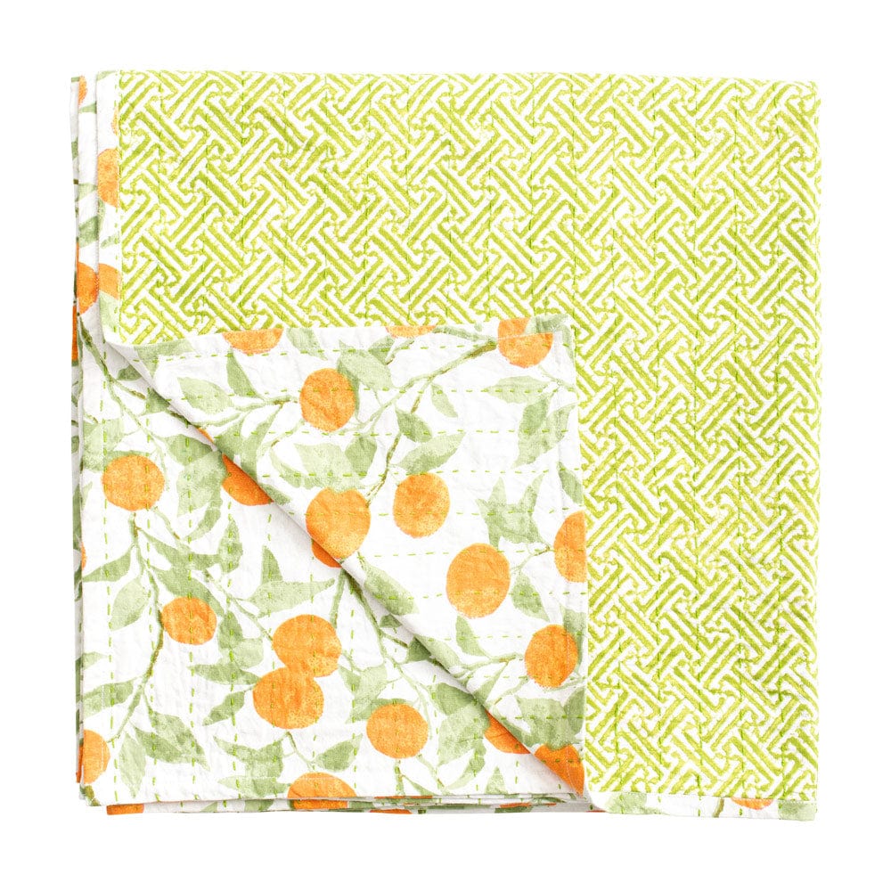 An image of Caspari Reversible Orange Grove Kantha Table Cover
