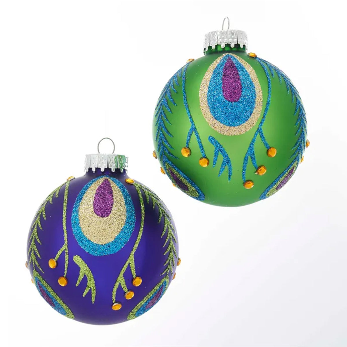 An image of Kurt Adler Peacock Purple & Green Ornaments - Set of 6