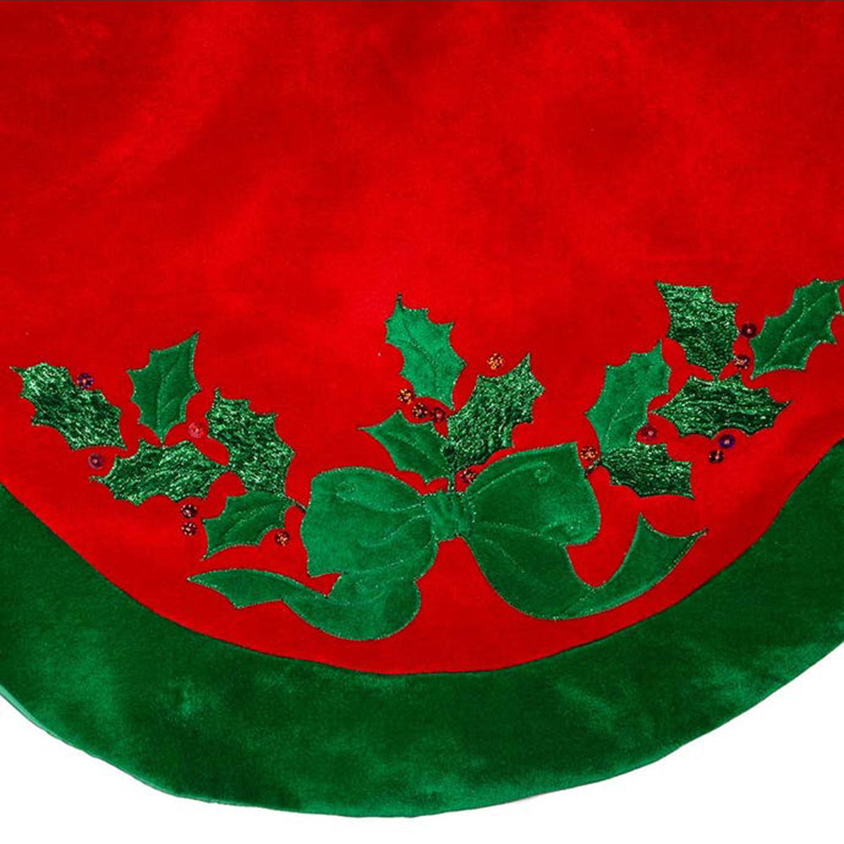 An image of Kurt Adler Red with Green Leaves Applique Velvet Tree Skirt