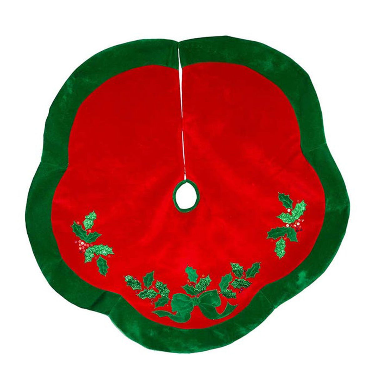 An image of Kurt Adler Red with Green Leaves Applique Velvet Tree Skirt
