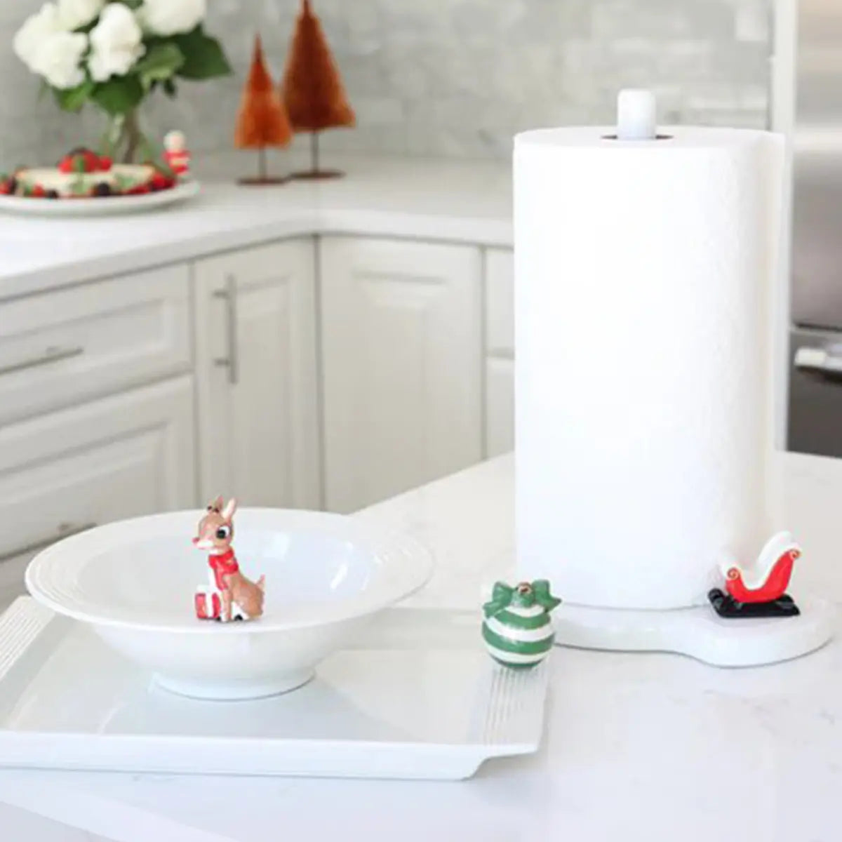Nora Fleming Melamine Paper Towel Holder with christmas minis in a kitchen