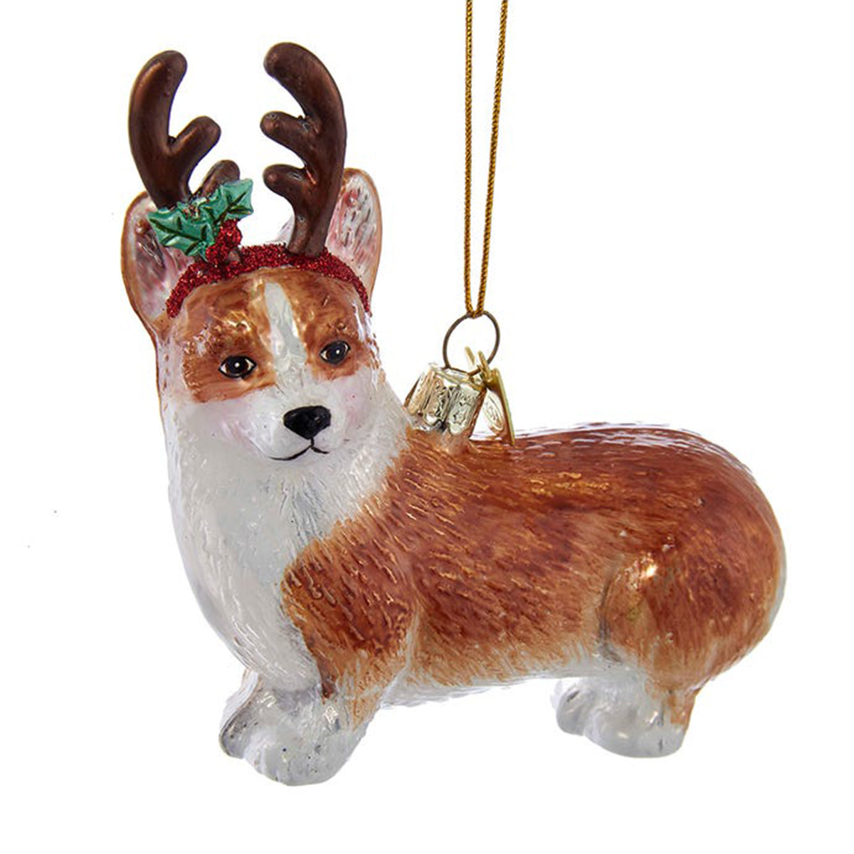 Kurt Adler Noble Gems Pembroke Welsh Corgi With Antlers Glass Ornament