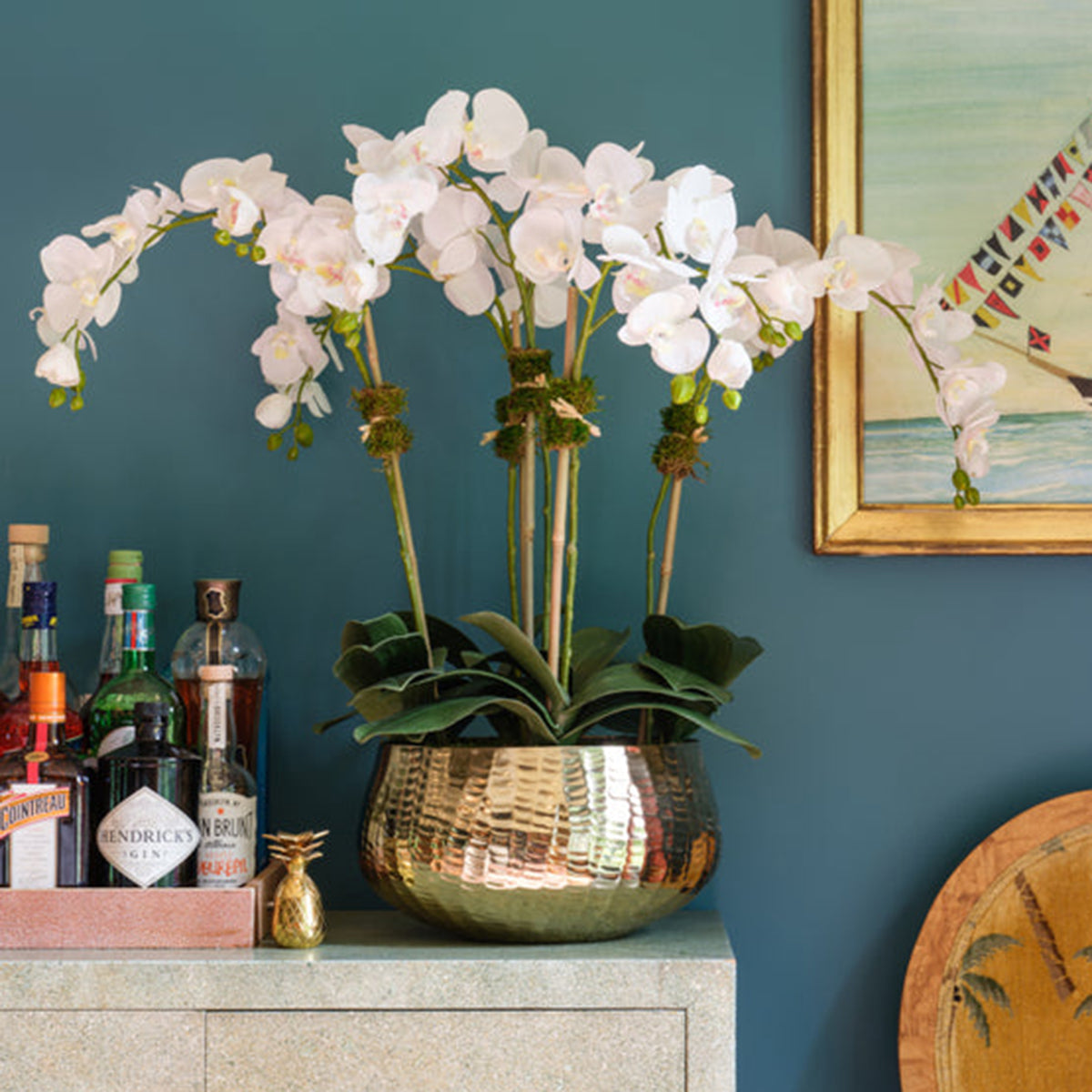 An image of Diane James Phalaenopsis orchid, 5 stems, in gold bowl - 34" x32"