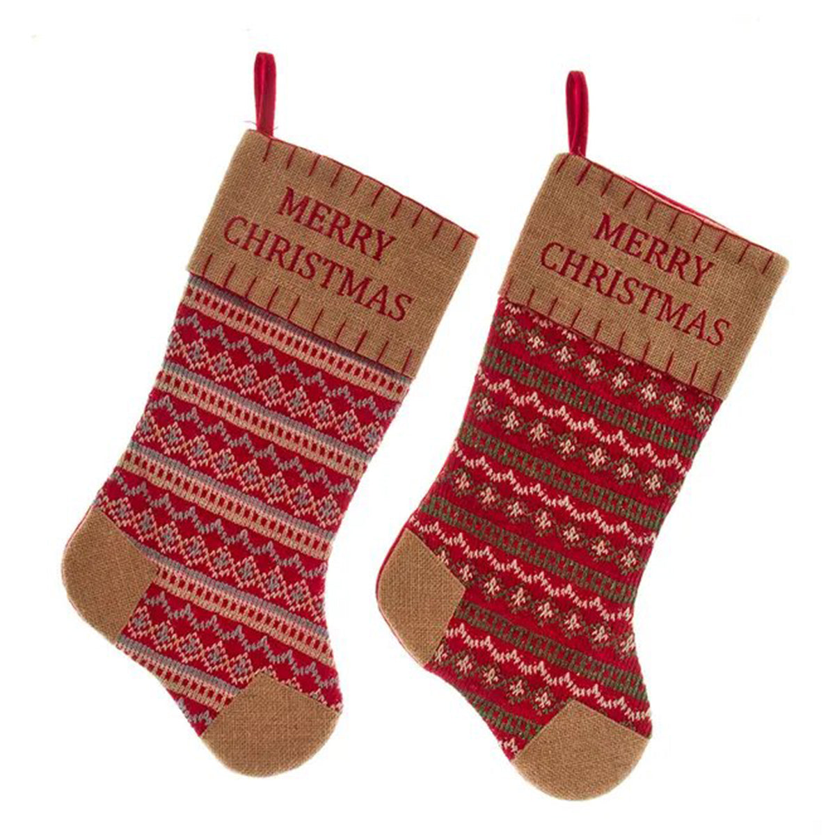 An image of Kurt Adler Tan Red and White Knit and Burlap Stocking