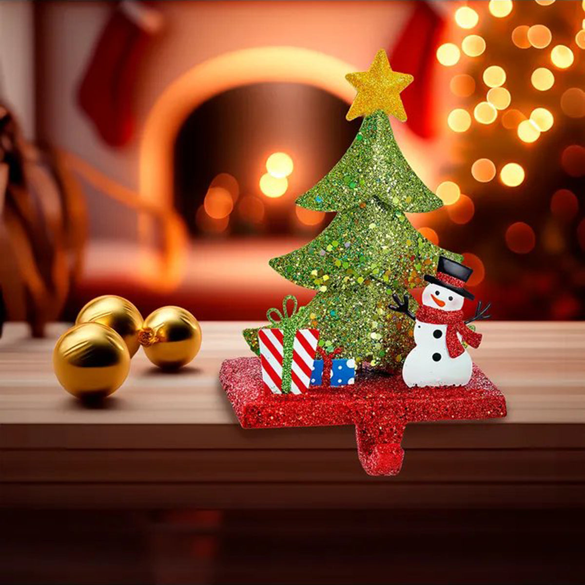 Kurt Adler Tree with Snowman and Gift Box Srocking Holder