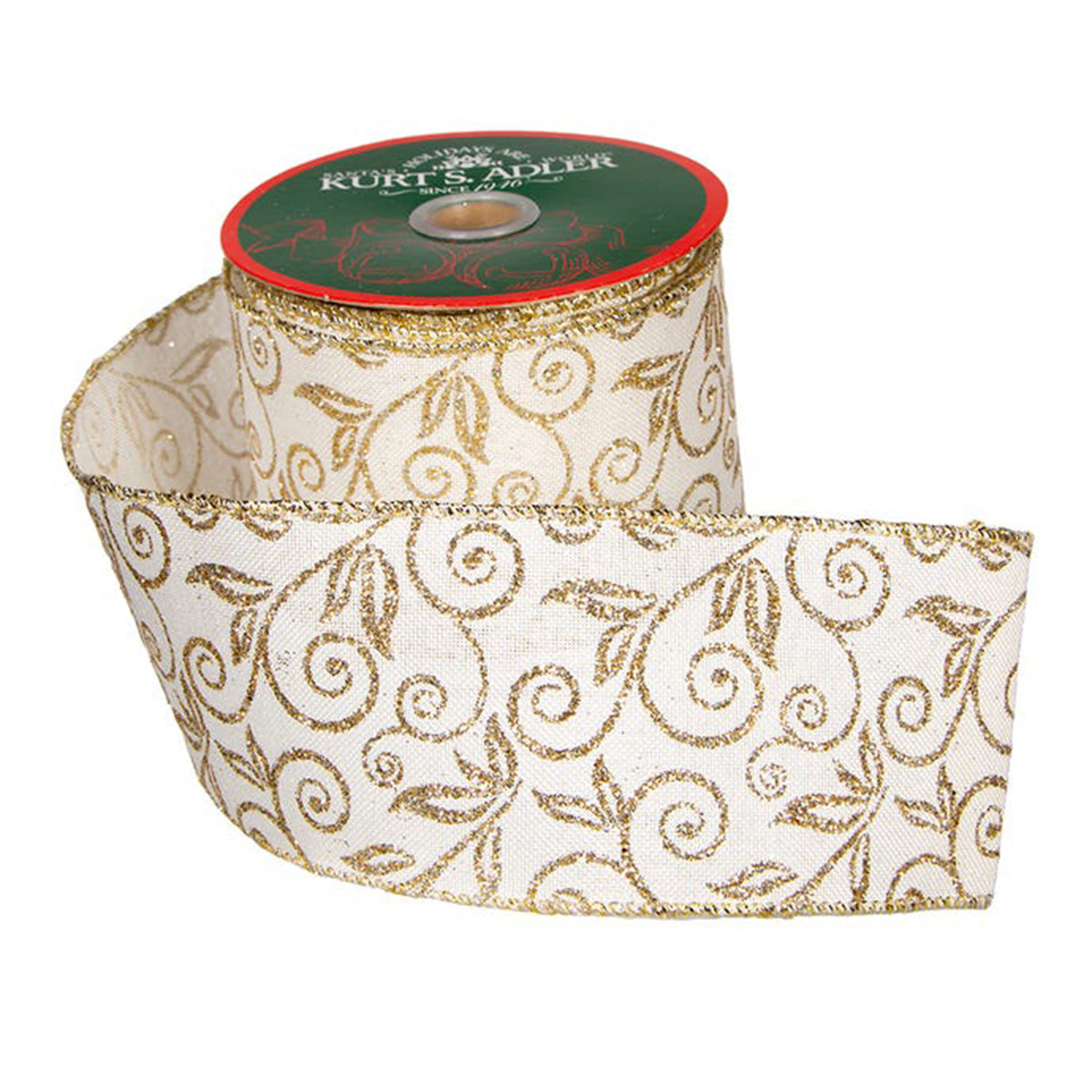 An image of Kurt Adler Ivory Gold Glittered Double Wire Ribbon - 4in, 10yd
