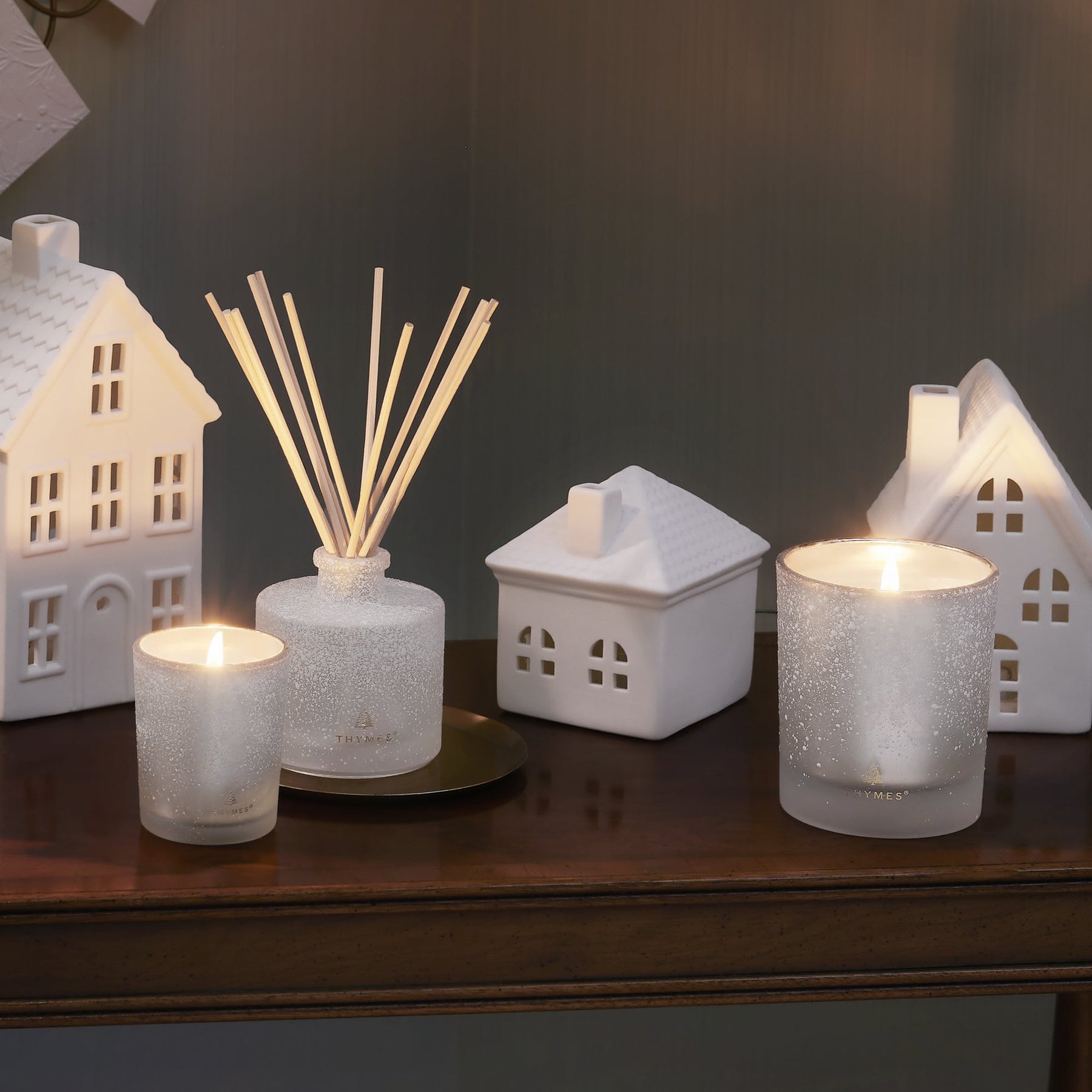 An image of Thymes Frasier Fir Flocked Petite Reed Diffuser 4 fl oz
