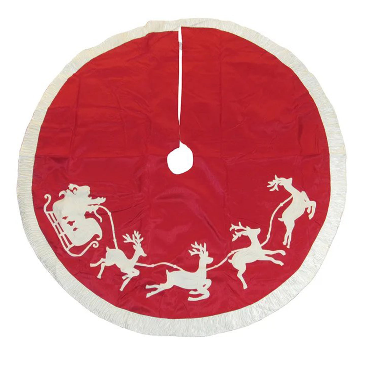 An image of Kurt Adler Red and White Santa Sleigh Embroidered Tree Skirt
