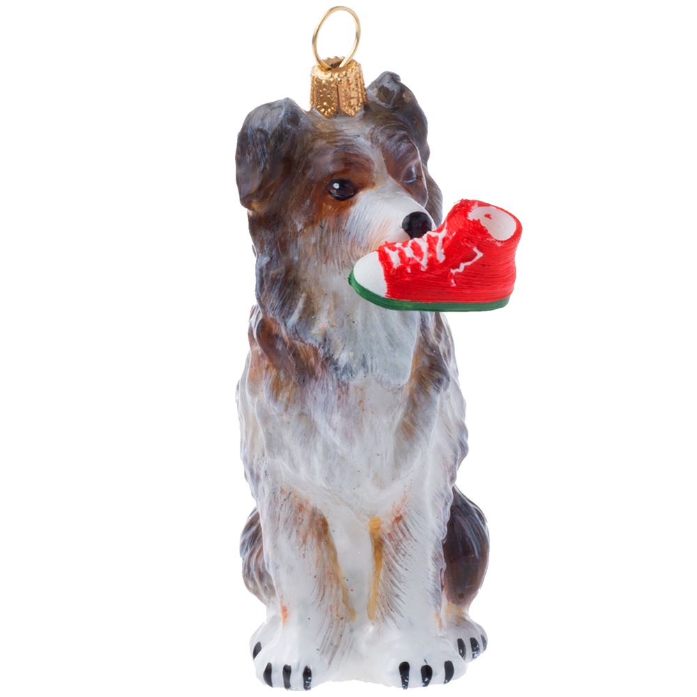 Joy to the World Australian Shepherd with Red & Green High Top Sneaker Ornament