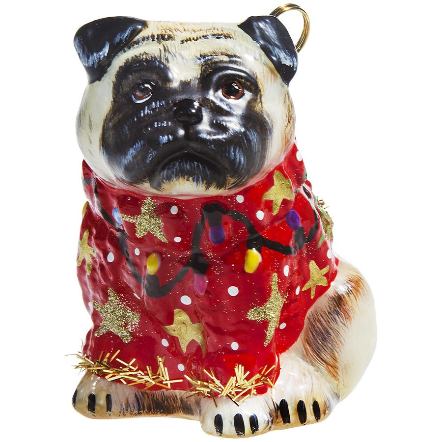 Joy to the World Pug Fawn with Ugly Christmas Sweater Ornament