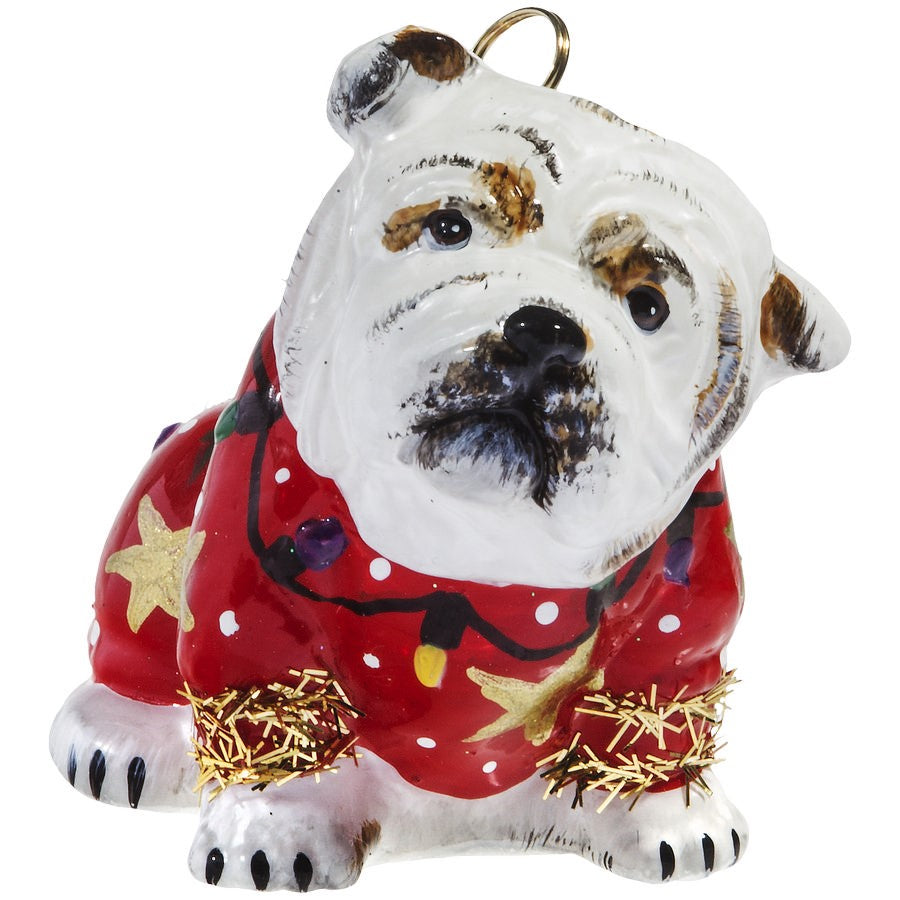 Joy to the World Bulldog with Ugly Christmas Sweater Ornament