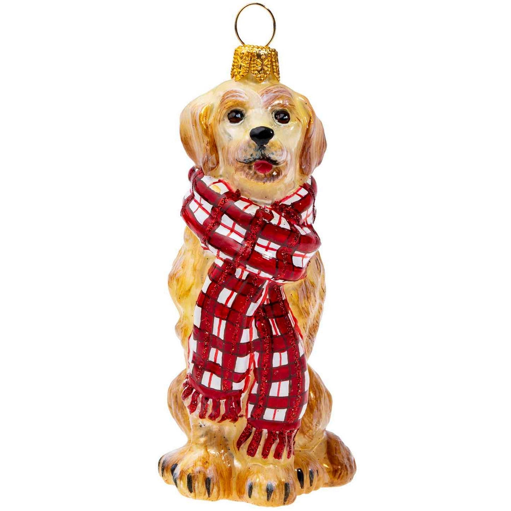 Joy to the World Golden Retriever with Bushy Scarf Ornament