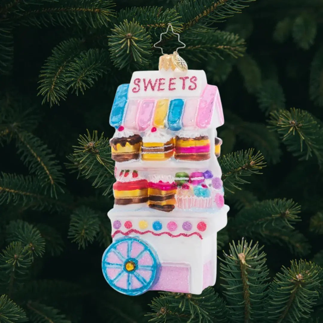 Christopher Radko Sweets for Sale Ornament with backdrop