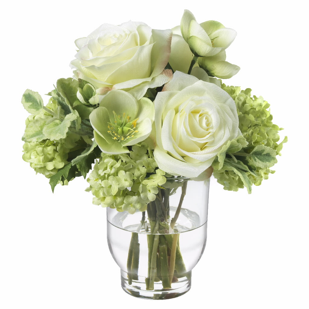 Diane James Hellesbores, Roses & Snowball in Glass Vase
