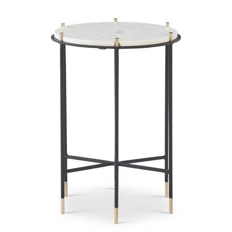  K K Interiors 22 in White Marble Top Side Table with  Black & Gold Metal
