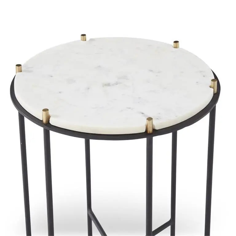  K K Interiors 22 in White Marble Top Side Table with  Black & Gold Metal